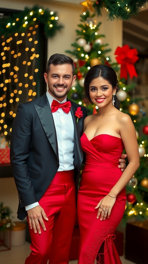 A couple in elegant Christmas party outfits, with a tuxedo and cocktail dress, in front of a decorated tree.